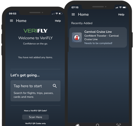 Two smartphones side by side each showing VeriFLY trip addition screens: the VeriFLY tap to seach for trip screen and the Carnival Cruise Line Add Trip screen.